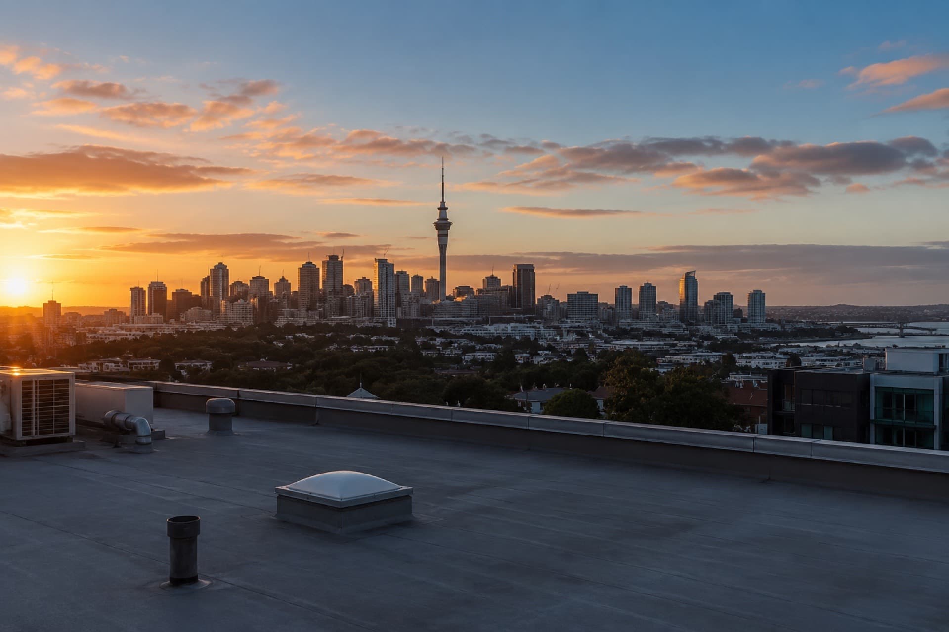 Flat roof in the foreground with the Auckland CBD skyline and Sky Tower at sunset