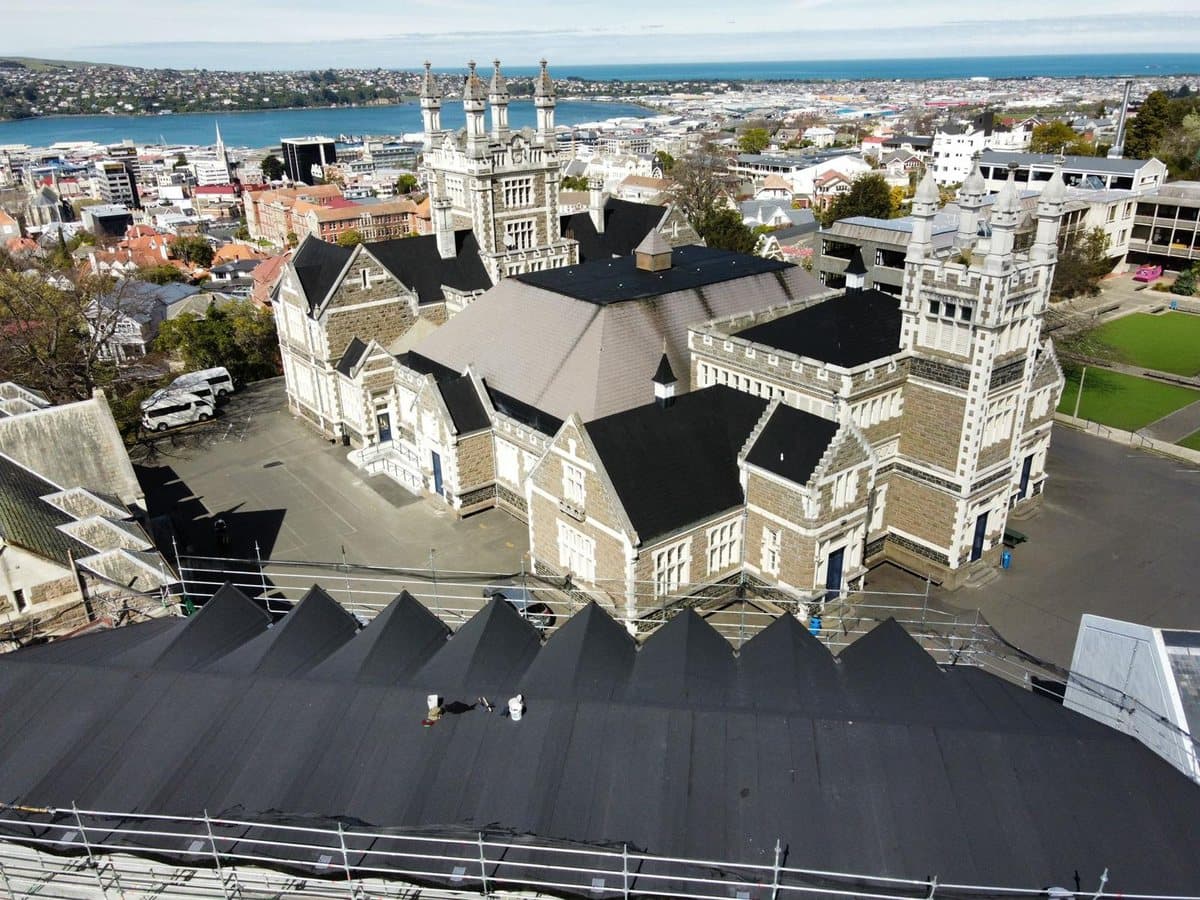 Otago Boys High School — Membrane waterproofing for a heritage school building. Membrane Roofing Systems, Auckland NZ.