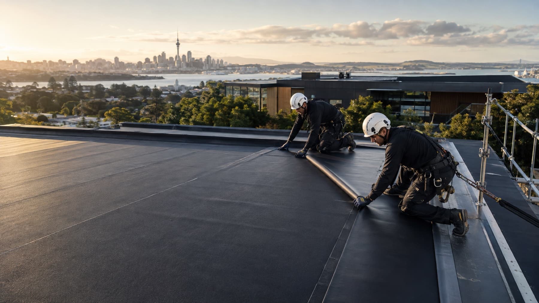 Membrane roofing being installed on a flat roof, with the Auckland skyline behind